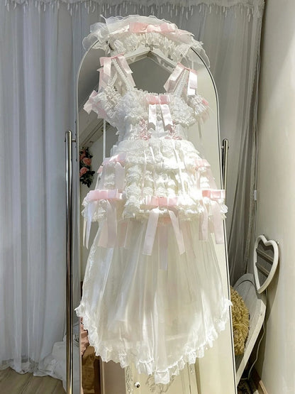 Dress Pink Off-the-shoulder Lolita Sweet Bow White Layered Hime Accents with Lace Ruffles
