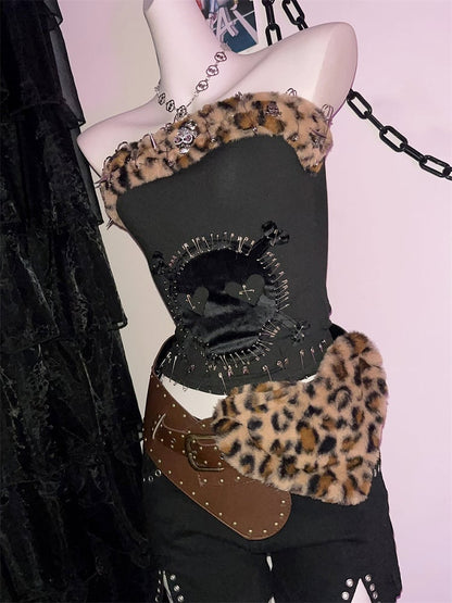 Brown Heart-shaped Leopard Plush Buckle Belt