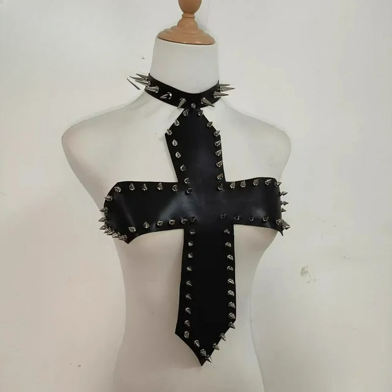 Punk Gothic Rivet Cross Vest PU Leather Strapless Top