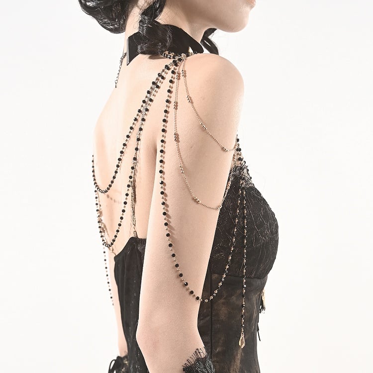 Multi-Layered Shoulder Black Choker Velvet with Chains Gothic