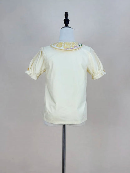 襟付きショート丈イエローレモンパンシャツ ピータープリントスリーブ