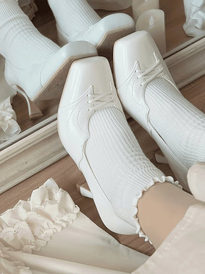 Crisscross Square Toe with Bat High White Heels Details Gothic Leather PU Design