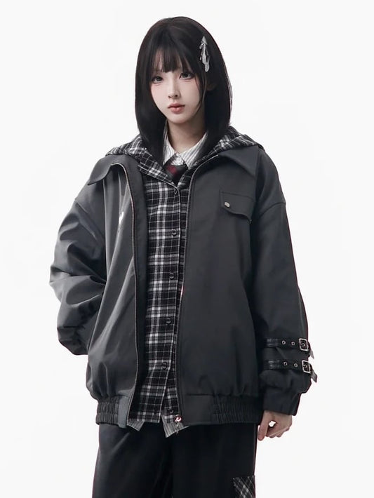 Pattern Jacket Hooded Unisex Grey Plaid - Two-piece