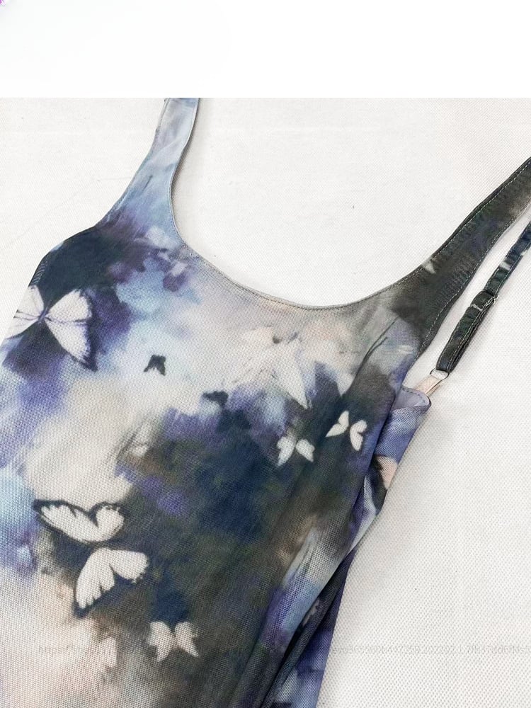 Y2K Vintage Blue Butterfly Print Oil Painting Slim-fitting Slip Dress