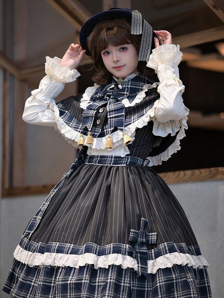 Blue Plaid and Black Striped Pattern Lolita JSK + Cape