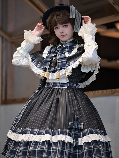 Blue Plaid and Black Striped Pattern Lolita JSK + Cape