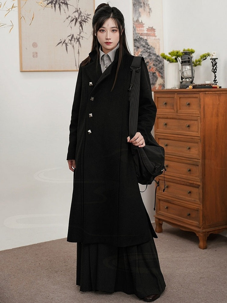 Side Button Style Slits Scarf with Front Set Placket Chinese Unisex - Coat Black