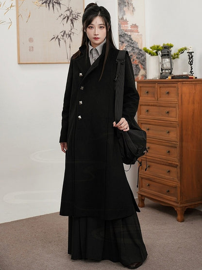 Side Button Style Slits Scarf with Front Set Placket Chinese Unisex - Coat Black