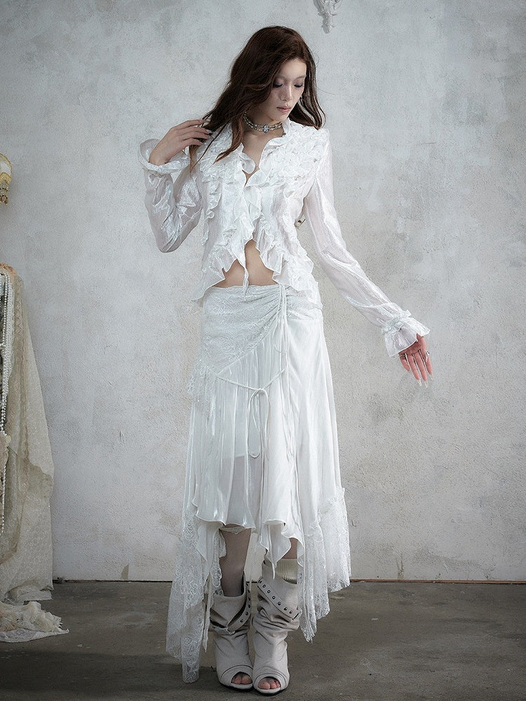 Shimmery White Ruffle Decorated Long Sleeve Blouse with Tie-Back Waist Cinch - NO ROMANCE