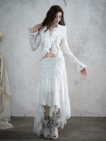Shimmery White Ruffle Decorated Long Sleeve Blouse with Tie-Back Waist Cinch - NO ROMANCE