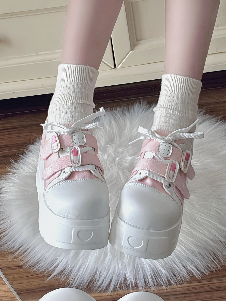 Pink Yami Kawaii Platform Sneakers with Lace-Up & Velcro Straps - Night Sakura Water Lantern