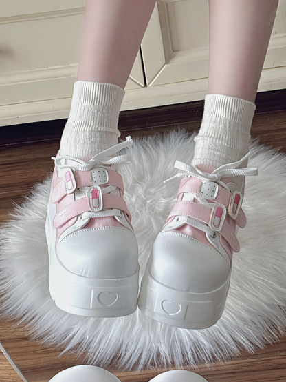 Pink Yami Kawaii Platform Sneakers with Lace-Up & Velcro Straps - Night Sakura Water Lantern
