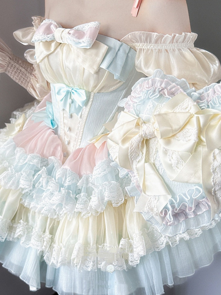 Süßes Lolita-Ballettkleid, blauer gestufter rosa Rock, gelbe Korsett-Taille