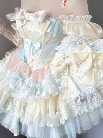 Süßes Lolita-Ballettkleid, blauer gestufter rosa Rock, gelbe Korsett-Taille