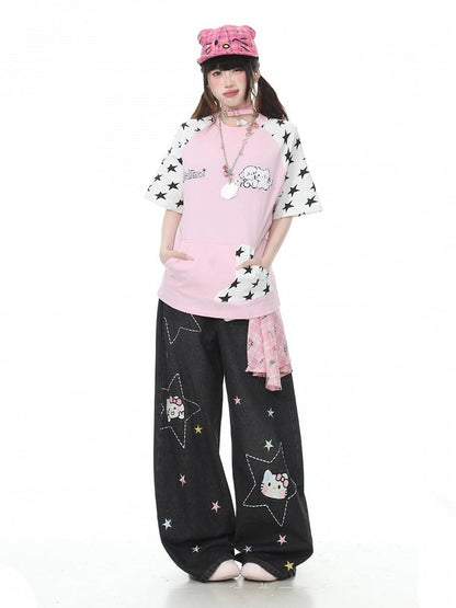 Pink Star Print Short Sleeve Tee with Cat Embroidery - Languid Park