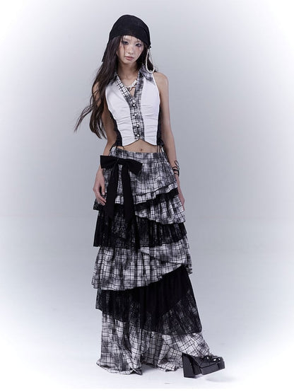 Regular/Long Version Asymmetrical Tiered Plaid Skirt Black Punk