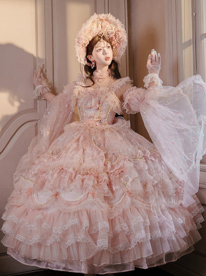 Gorgeous Lolita Length Sizes Chain and Hime Wedding Available Ankle Floral Dress Hanayome Bead Plus Pink