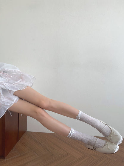 Bow Trim White Socks Lace Bubble