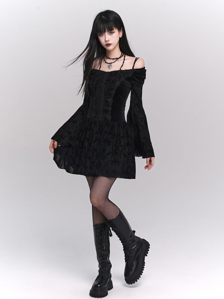 Black Velvet Off-Shoulder Bell-Sleeve Dress with Lace Trim - Lady Ghost
