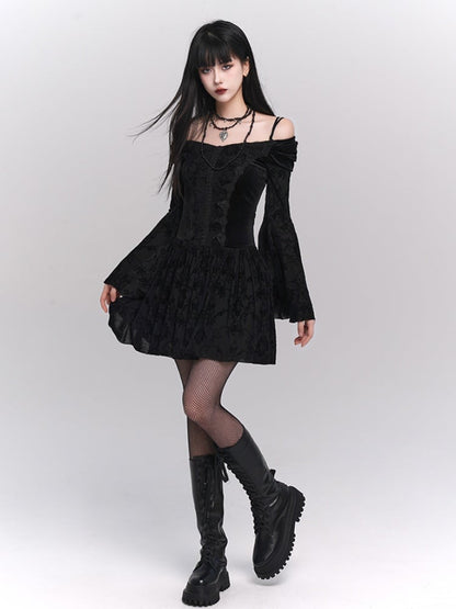 Black Velvet Off-Shoulder Bell-Sleeve Dress with Lace Trim - Lady Ghost