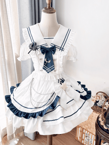 with Tiered Sailor Collar Cutout Shoulder Top Skirt White and