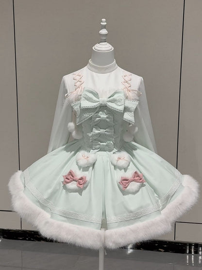 Lolita Sweet Hemline Plush Long OP Cuffs Dress Mint Fake Two-pieces and Sleeves with Green Winter