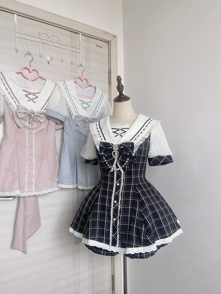 Plaid Bow Mini Dress + Ruffled Back Black Shorts Sailor Collar Self-tie Hem Jirai Kei Set