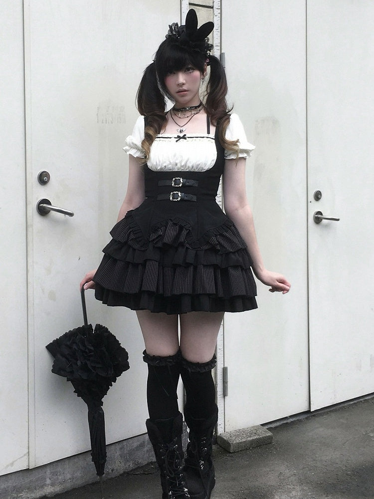 Black & White Striped Halter OP Dress with Necklace and Rabbit Hat - With PUJI