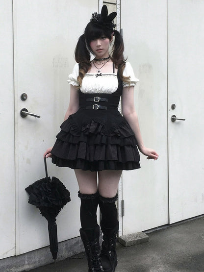 Black & White Striped Halter OP Dress with Necklace and Rabbit Hat - With PUJI