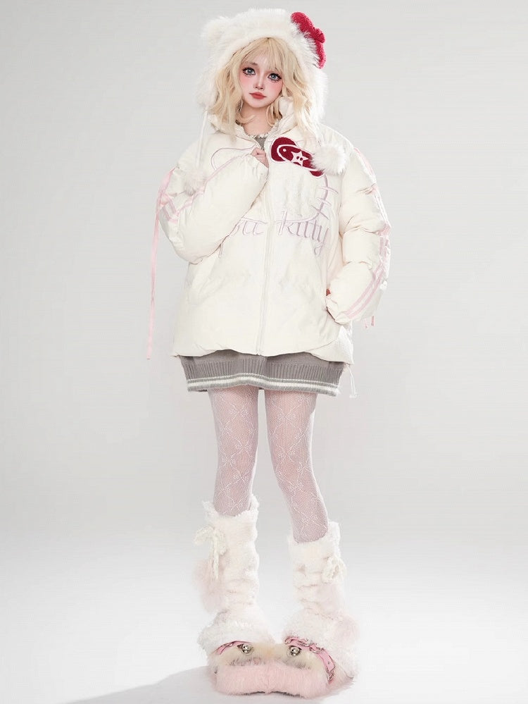 Black/White Kitty Lace Applique Puffer Jacket Bowknot Details