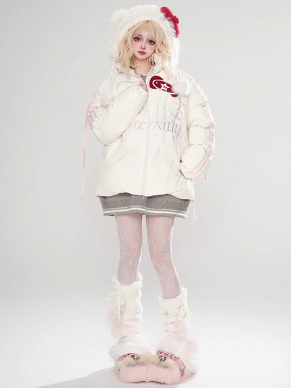 Black/White Kitty Lace Applique Puffer Jacket Bowknot Details