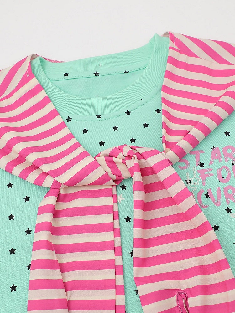 Green Star Print Tee with Stripe Shawl and Hairclip - Languid Park