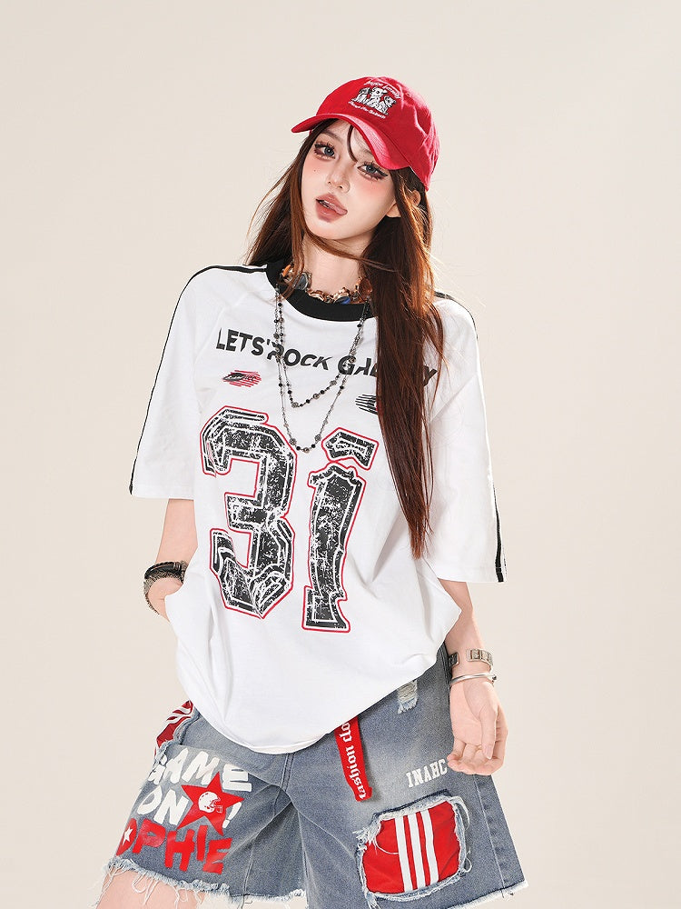 ホワイト ブロケット コアプリント ルーズTシャツ ナンバー