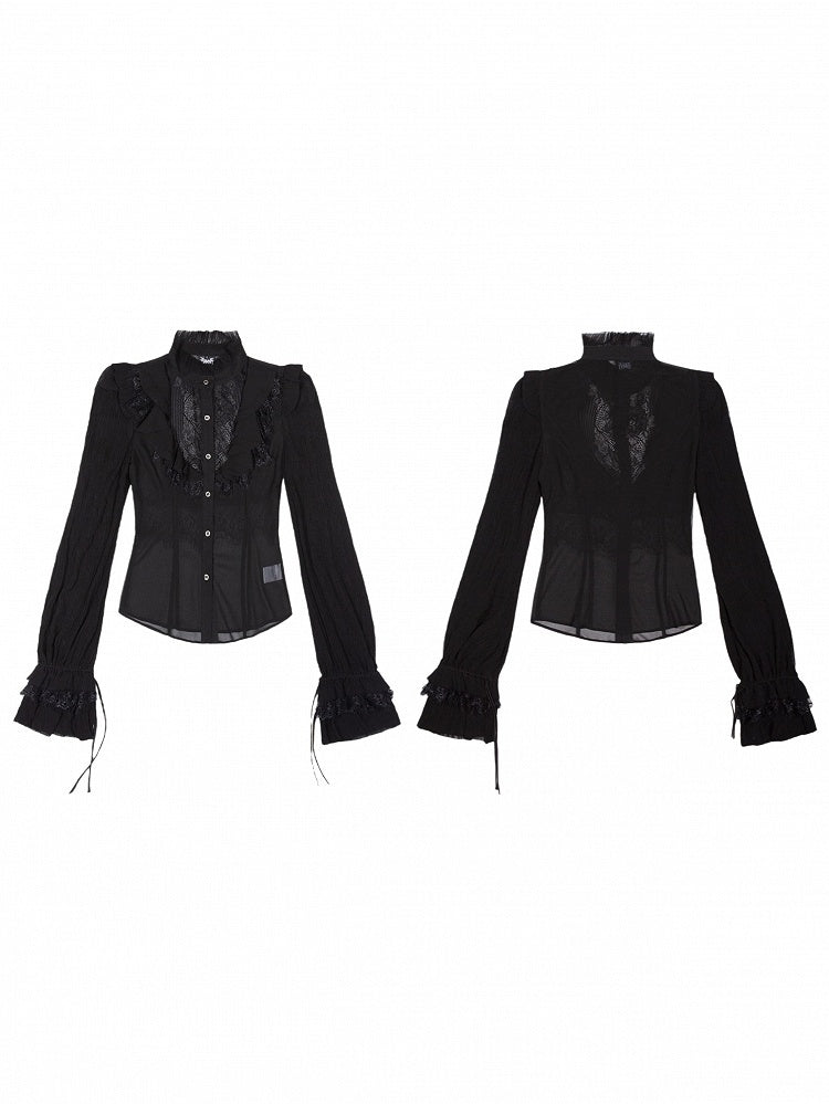 Gothic Floral Semi-Sheer Blouse Chiffon Sleeves Black Embroidery Punk Poet with