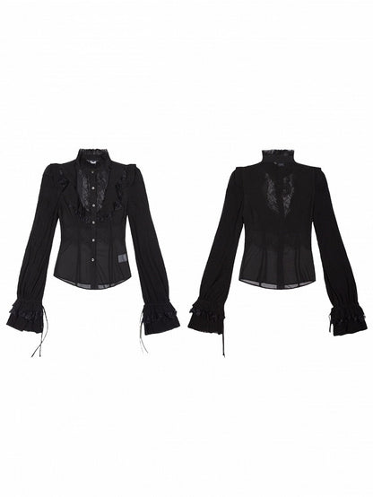 Gothic Floral Semi-Sheer Blouse Chiffon Sleeves Black Embroidery Punk Poet with