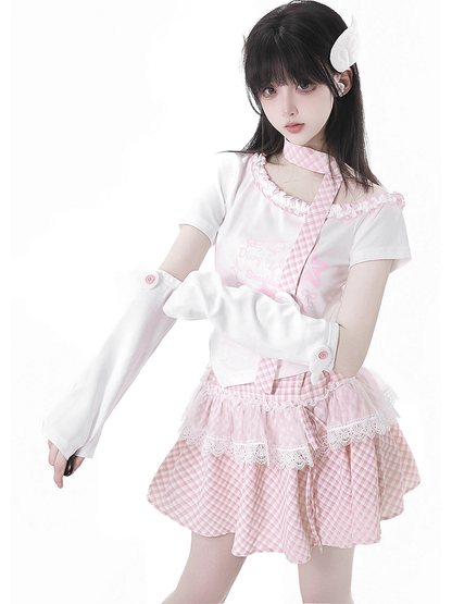 レースチェックトリムスカート ピンク/ベビーブルー