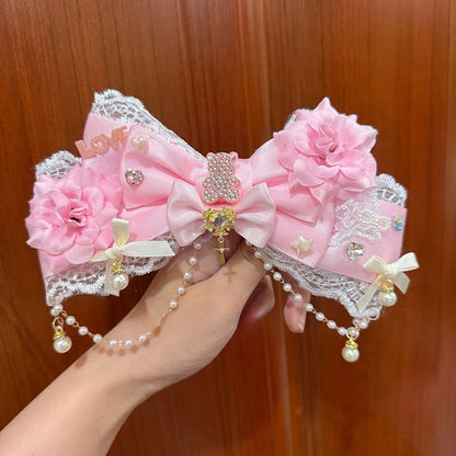 Charm Perlen Spitzenbesatz Rosa Verziert Strass Design Floral Bowknot Haarspange Bär