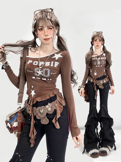 コーヒーアシンメトリーヘムトップス