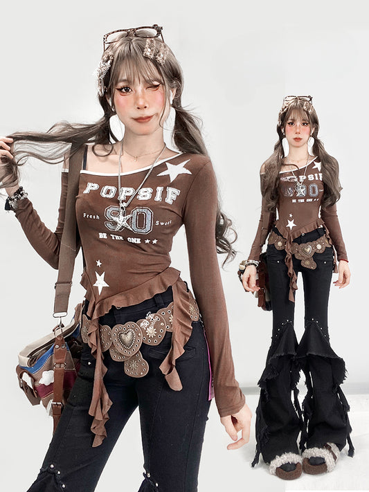 Kaffeefarbenes Top mit asymmetrischem Saum