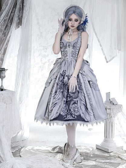 Gothic Gray Grim Reaper Scale Print Dress with Detachable Waist Bows