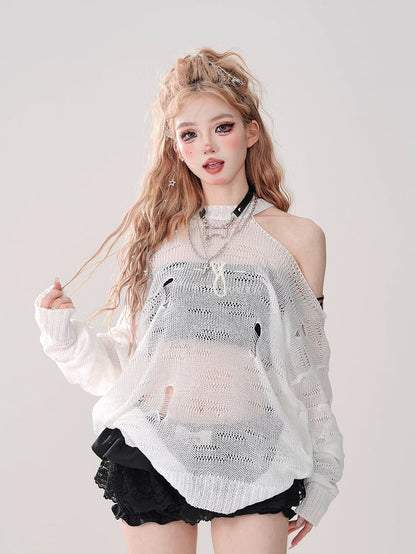 White Halter Neck Hollow-Out Knit Top with Cutout Shoulders