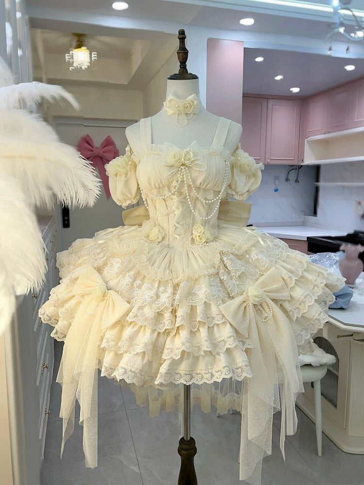 Hanayome Fairy Lolita Flower Basque Skirt Jumper Tiered Waist Hem Beige Dress