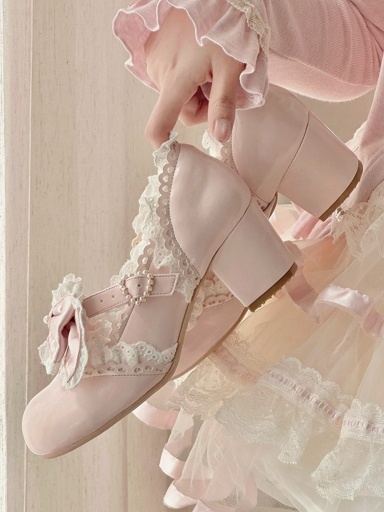 - Hem Lolita Pink Trim Lace Mid-heel Scalloped Shoes Sweet