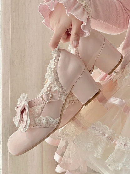 - Hem Lolita Pink Trim Lace Mid-heel Scalloped Shoes Sweet