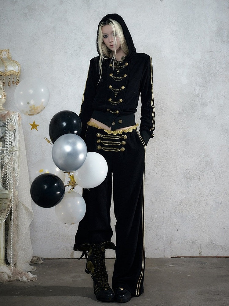 Black & Gold Double-Breasted Straight Leg Sweatpants with Lace Trim, Punk Style - NO ROMANCE