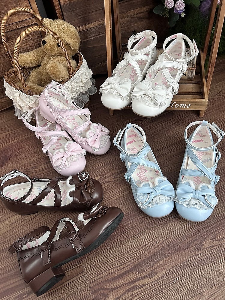 Bow Ear Snap Heels Plush Edge Lolita - Adjustable Heart Low Decor Sweet Scalloped Bear Brown with Top