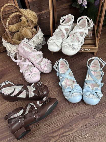 Bow Ear Snap Heels Plush Edge Lolita - Adjustable Heart Low Decor Sweet Scalloped Bear Brown with Top