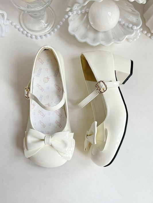 Bow Shoes with PU Buckle Heeled Leather Kitty 4.5cm Jane White Mary Playful - in
