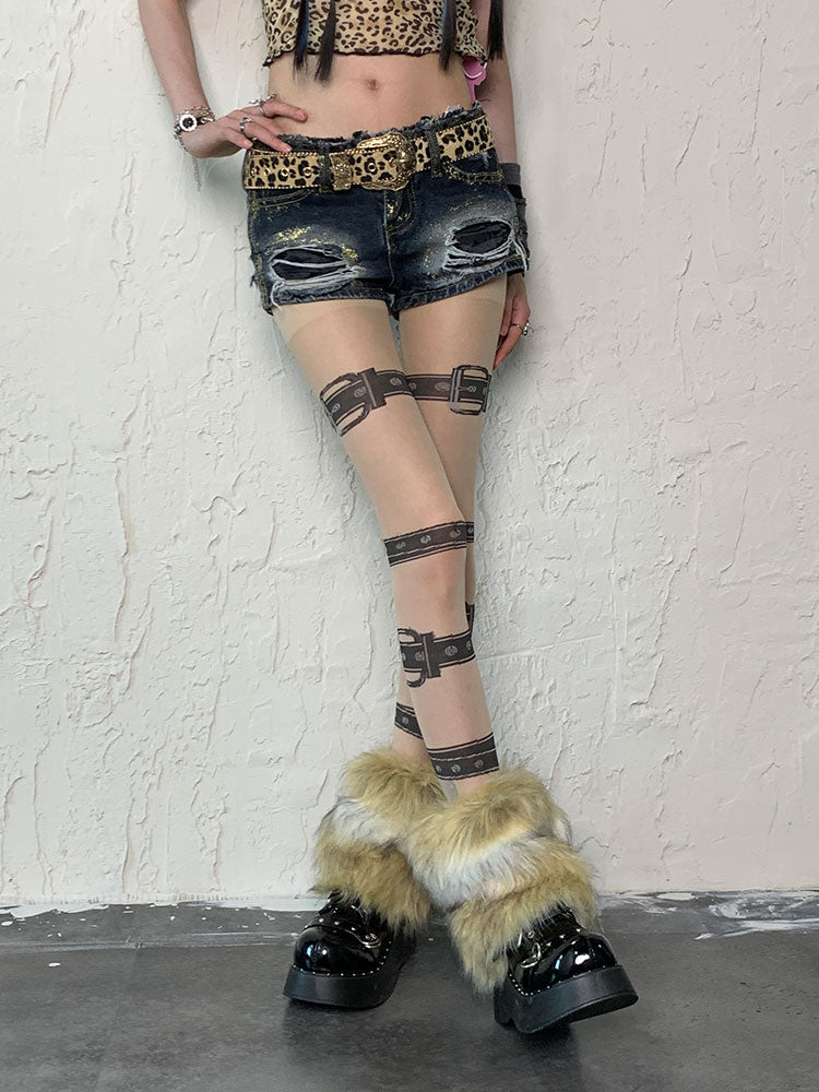 ヌードパンクバックルストラップタイツ ホワイト＆ブラウン シャギーレッグウォーマーセット