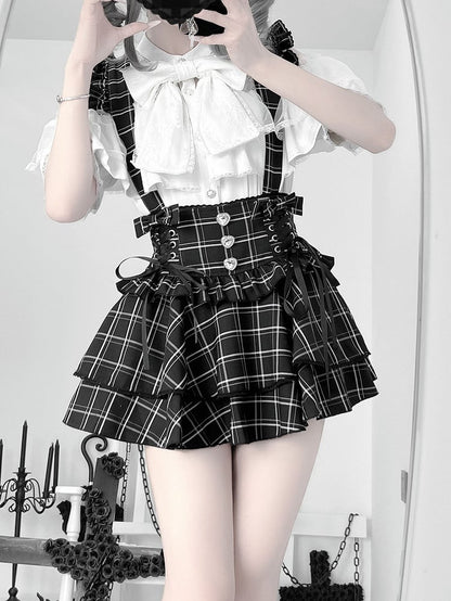 Skirt:Black Kei Plaid Straps Suspender High-Waistwith Detachable Convertible Jirai